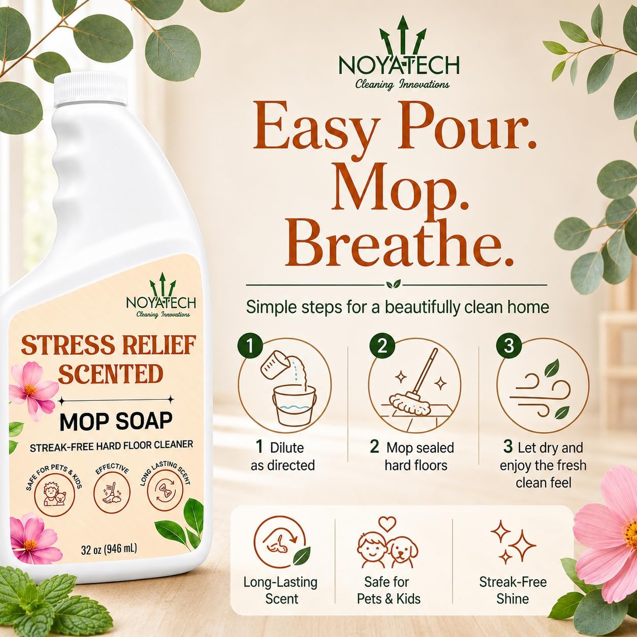 NOYATECH Scented Mop Soap – Stress Relief Aromatherapy Floor Cleaner Concentrate | Non-Toxic, Pet Safe, No Residue | Safe for Hardwood, Tile, Marble, Stone & Grout | All Mop Types | Made in USA