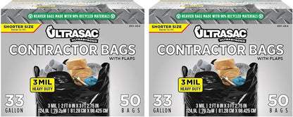 Ultrasac Contractor Trash Bags - (50 Pack/w Ties) - Heavy Duty 3 MIL Thick, 39" x 32", Shorter 33 Gallon Black Version - for Industrial, Commercial, Professional, Construction, Lawn, Leaf, and More