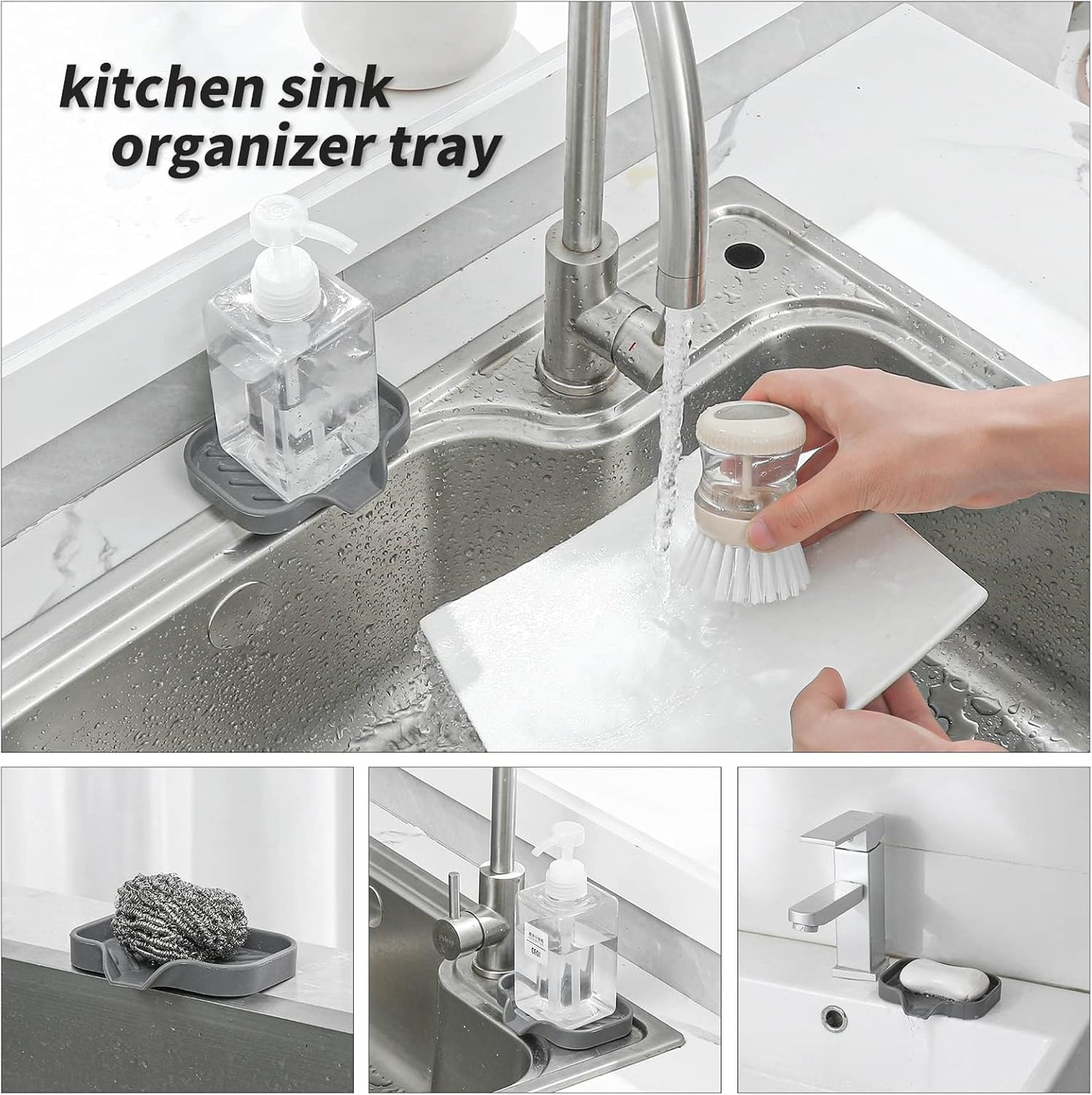 MicoYang Silicone Bathroom Soap Dishes with Drain Spout-Bathroom and Kitchen Sink Organizer,Sponge Holder,Dish Soap Tray,Perfect for Dispenser,Scrubber,Bottle,Cup on Sink or Counter-Black 4.9"×3.2"