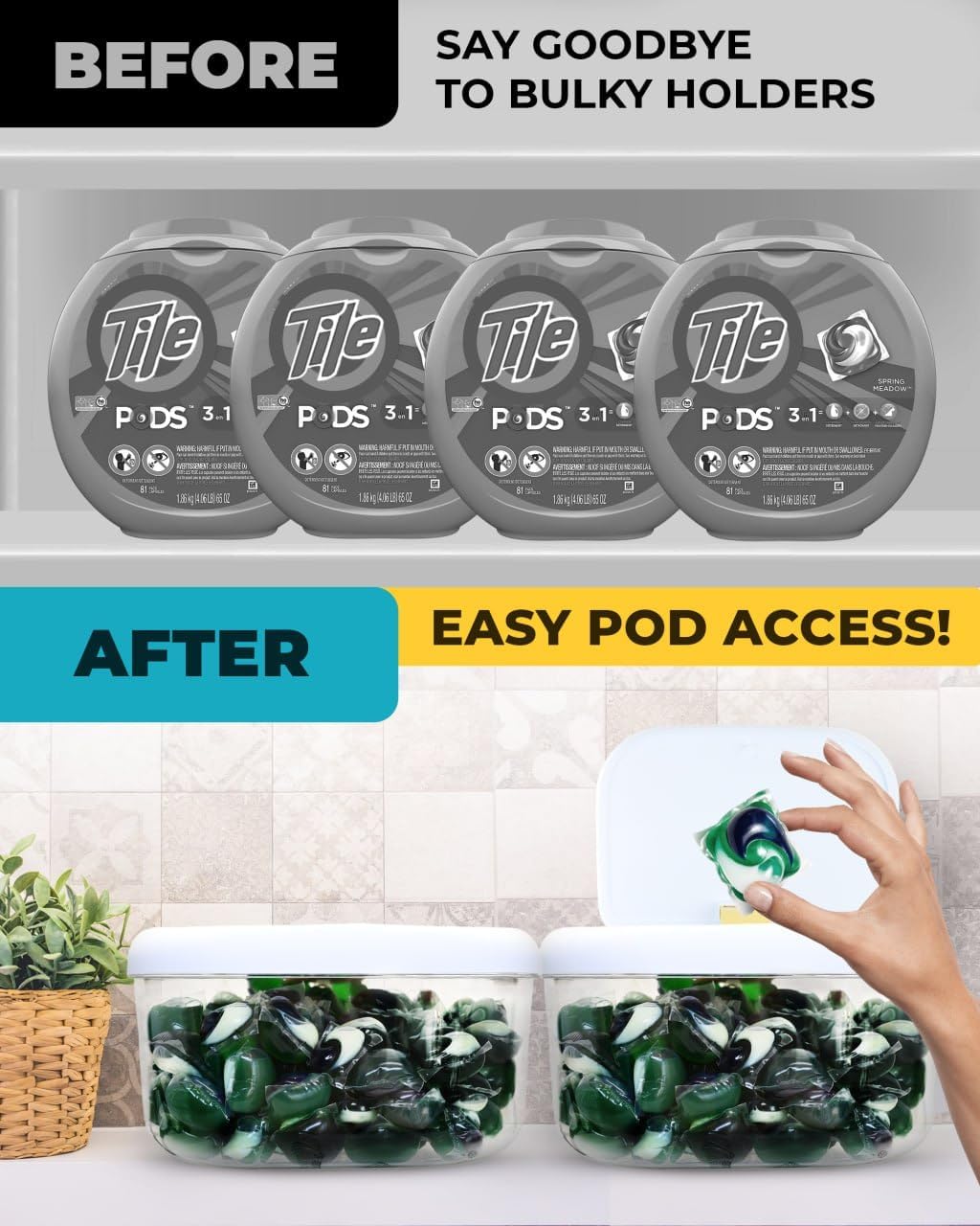 Skywin TidyFriend Laundry Pods Container with Lift Up Lid, 12.4" x 6.5" x 8.7", Airtight Storage Keeps Pods Fresh, Laundry Detergent Container & Dishwasher Pod Holder (Grey)