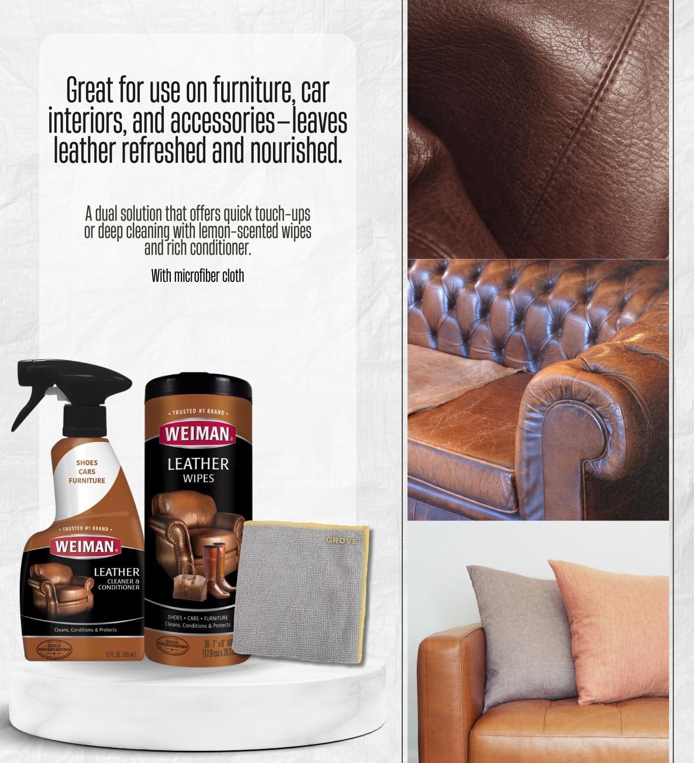 Weiman Leather Cleaner and Conditioner Couch 12 oz Liquid Bundle with Leather Wipes + Microfiber Towel – Cleans, Moisturizes, and Protects Surfaces from UV Damage – Gift Set (3 Items)