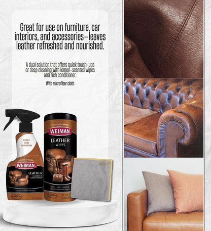 Weiman Leather Cleaner and Conditioner Couch 12 oz Liquid Bundle with Leather Wipes + Microfiber Towel – Cleans, Moisturizes, and Protects Surfaces from UV Damage – Gift Set (3 Items)