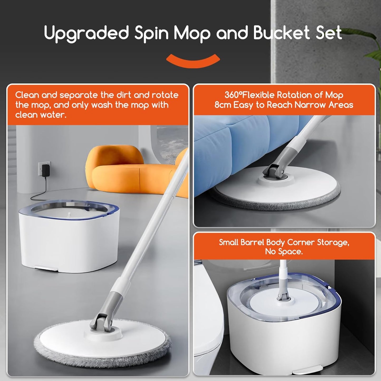REECOO Spin Mop and Electric Bucket System, Unique Automatic Washing and Wring Electric Bucket, Upgrade Spin Mop Bucket with 2 Microfiber Cloths,Suitable for Hardwood Tile Marble Floor-White