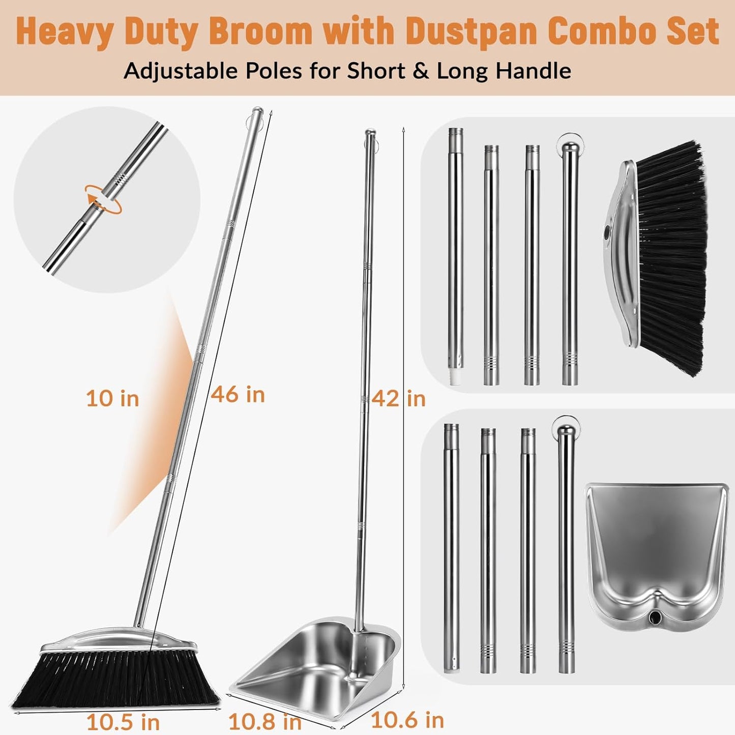 VOOWO Broom with Dustpan Combo Set, 46" Stainless Steel Broom and Dustpan Set for Home, Heavy Duty Dust Pan with Long Handle, Broom for Sweeping Indoor and Outdoor, Kitchen Broom and Dust Pan (Khaki)
