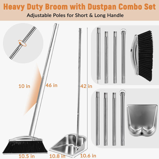 VOOWO Broom with Dustpan Combo Set, 46" Stainless Steel Broom and Dustpan Set for Home, Heavy Duty Dust Pan with Long Handle, Broom for Sweeping Indoor and Outdoor, Kitchen Broom and Dust Pan (Khaki)