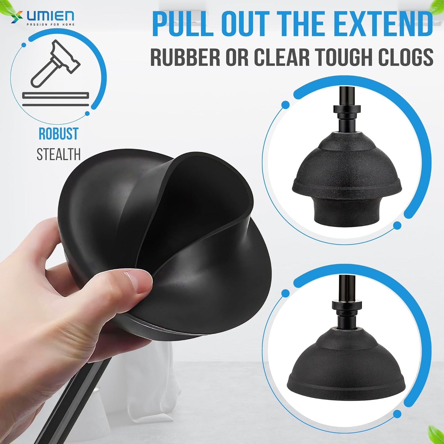 UMIEN Toilet Brush and Plunger Set 18-in - Updated 2025 No-Rust - Stainless Steel Design - Long Handles - with Freestanding Canister