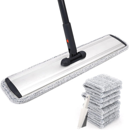 Flat Mop for Cleaning Floors Heavy Duty Microfiber Wet Mop Deep Cleaning for Hardwood, Tile & Laminate, Includes 4 Reusable Washable Pads and Adjustable Long Handle (32 in Mop Set)