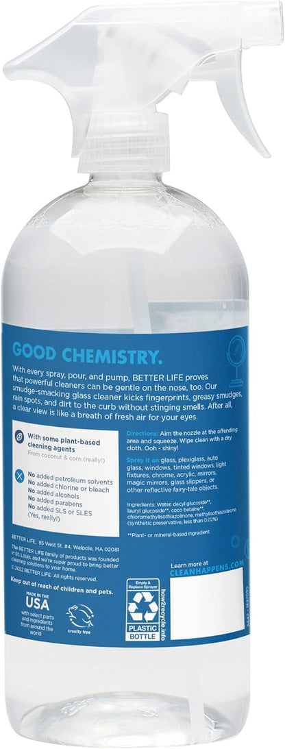 Better Life Glass Cleaner, Streak-free Window Cleaner, Surface Cleaning Spray, Mirror, Screen and Shower Door Cleaner, Removes Fingerprints, Dust, Dirt, Unscented, 32 Oz, Pack of 2