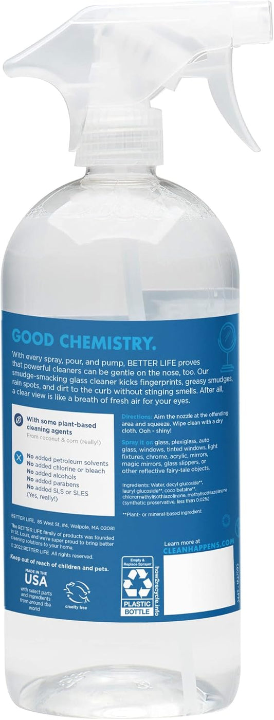 Better Life Glass Cleaner, Streak-free Window Cleaner, Surface Cleaning Spray, Mirror, Screen and Shower Door Cleaner, Removes Fingerprints, Dust, Dirt, Unscented, 32 Oz, Pack of 2
