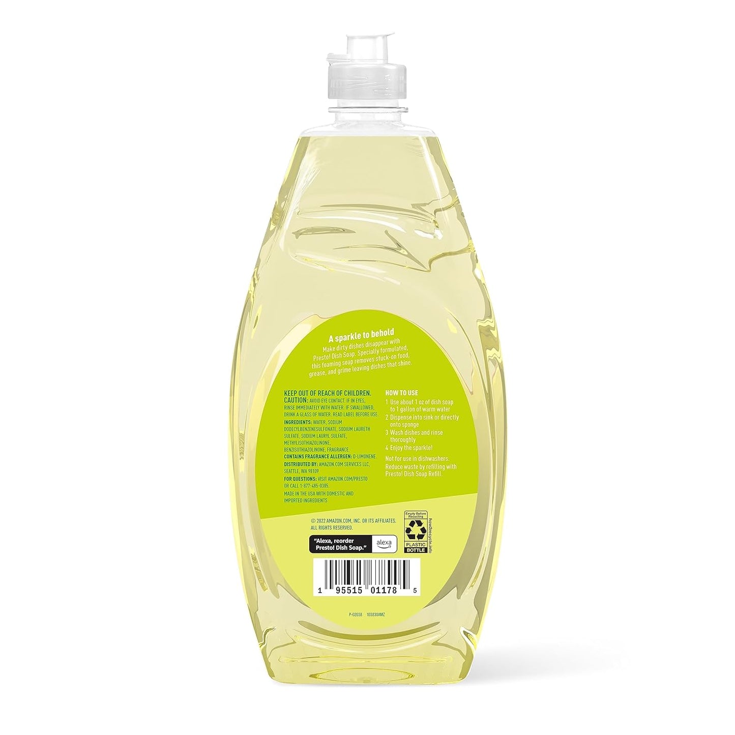 Amazon Brand - Presto! Concentrated Dish Soap, Lemon Essential Oil Scent, Removes Stuck-on Food and Grease, Phosphate-Free Formula, 30 fl oz, Pack of 2