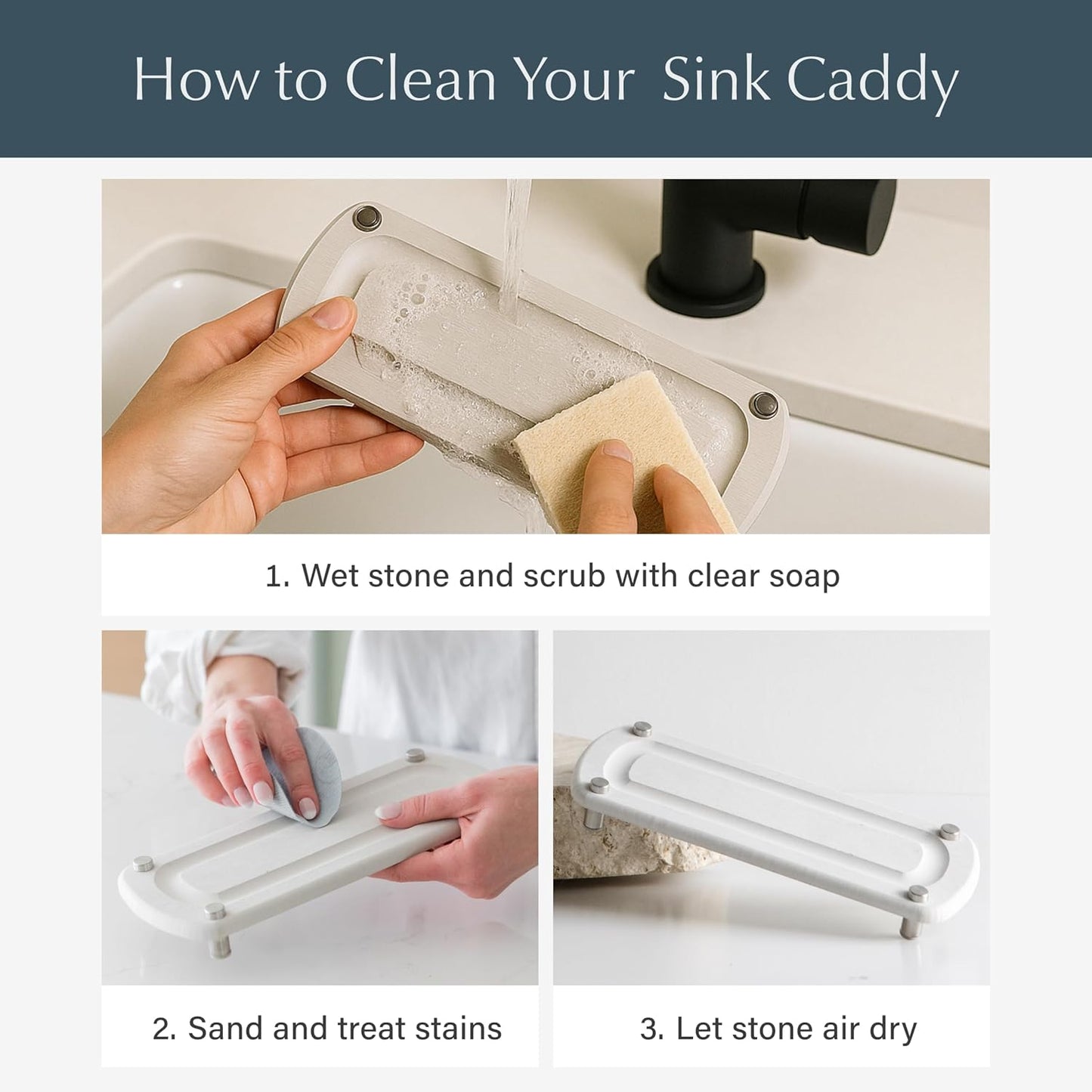 Dorai Home Stone Kitchen Sink Caddy - Diatomaceous Earth Sink Tray with Stainless Steel Feet, Water-Absorbing Countertop Organizer for Kitchen or Bathroom - Sandstone