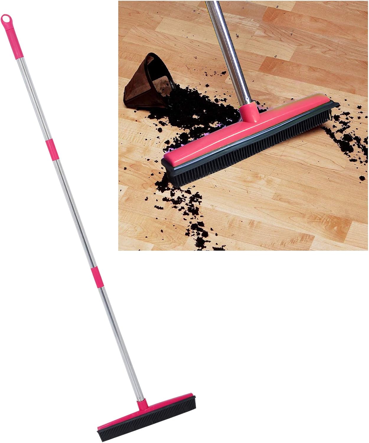 Carpet Hair Removal Broom with 48'' Telescoping Adjustable Handle, Rubber Broom Carpet Rake for Pet Hair Dust Removal Daily Household Cleaning(Pink)