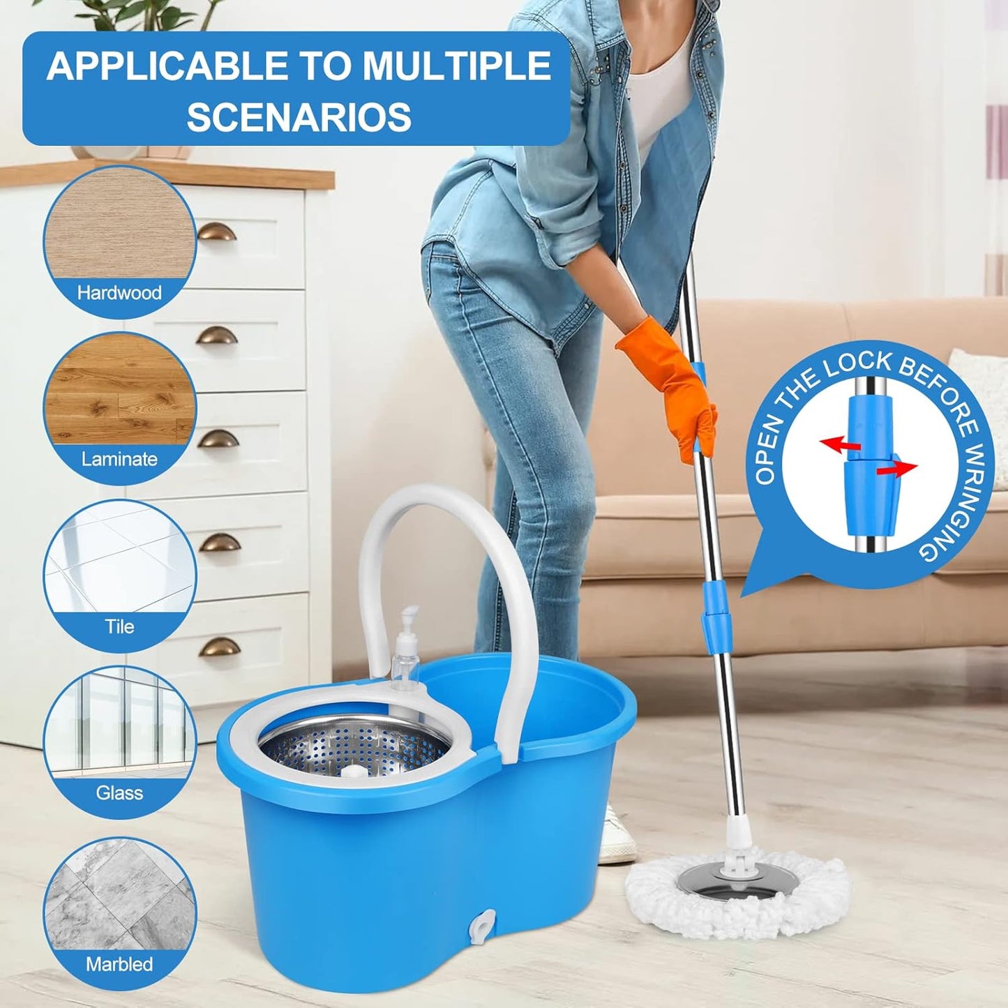 Spin Mop and Bucket with Wringer Set, 360° Spinning Mop Bucket System with 3 Microfiber Mop Replacement Heads, Adjustable Handle for Floor Cleaning (red)