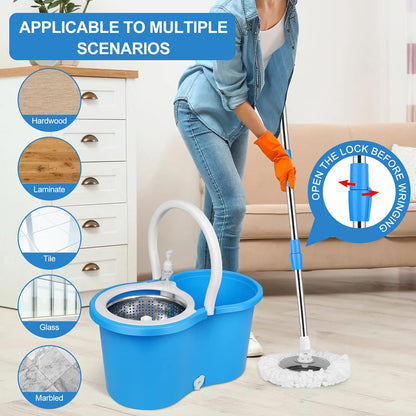 Spin Mop and Bucket with Wringer Set, 360° Spinning Mop Bucket System with 3 Microfiber Mop Replacement Heads, Adjustable Handle for Floor Cleaning (red)