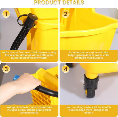 35-Qt Side Press Wringer Combo Commercial Floor Cleaning Rectangular Mop Bucket on Wheels, Yellow,Add One Commercial Mop and One Mop Head Replacement