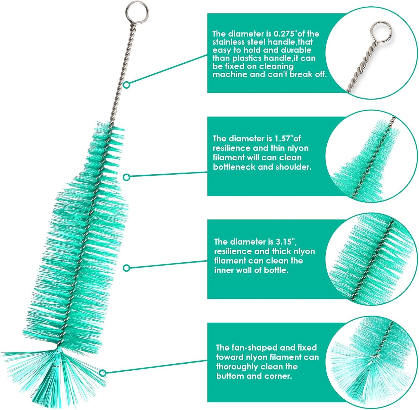 Bottle Brush - Ideal for Cleaning Narrow Neck Swing Top Glass, Brewing, Wine, Beer, Soda, Spray, Kombucha Bottles (White+1Pack)