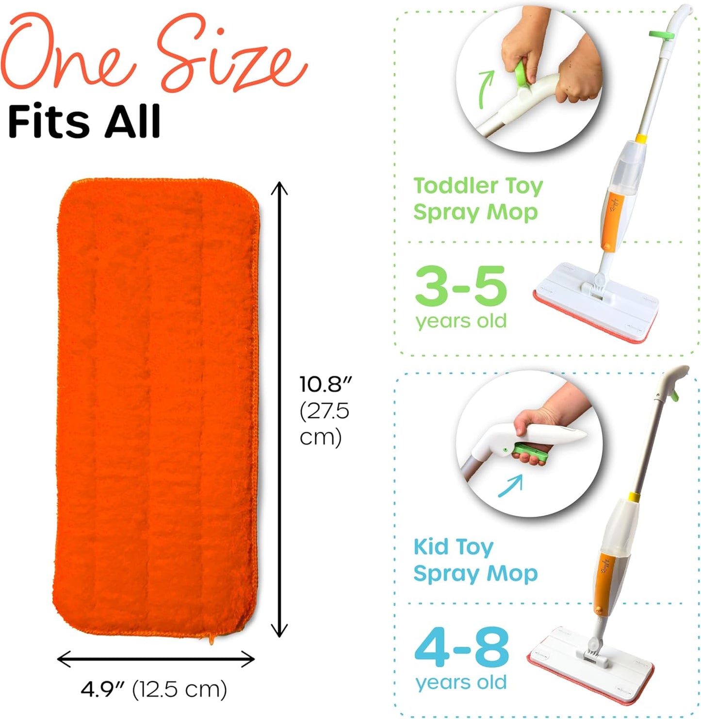 Quiggly Reusable Mop Pad 2-Pack – Washable Microfiber Refills Toddler & Kid Spray Mops – Machine Washable 10.8” x 4.9” Pads