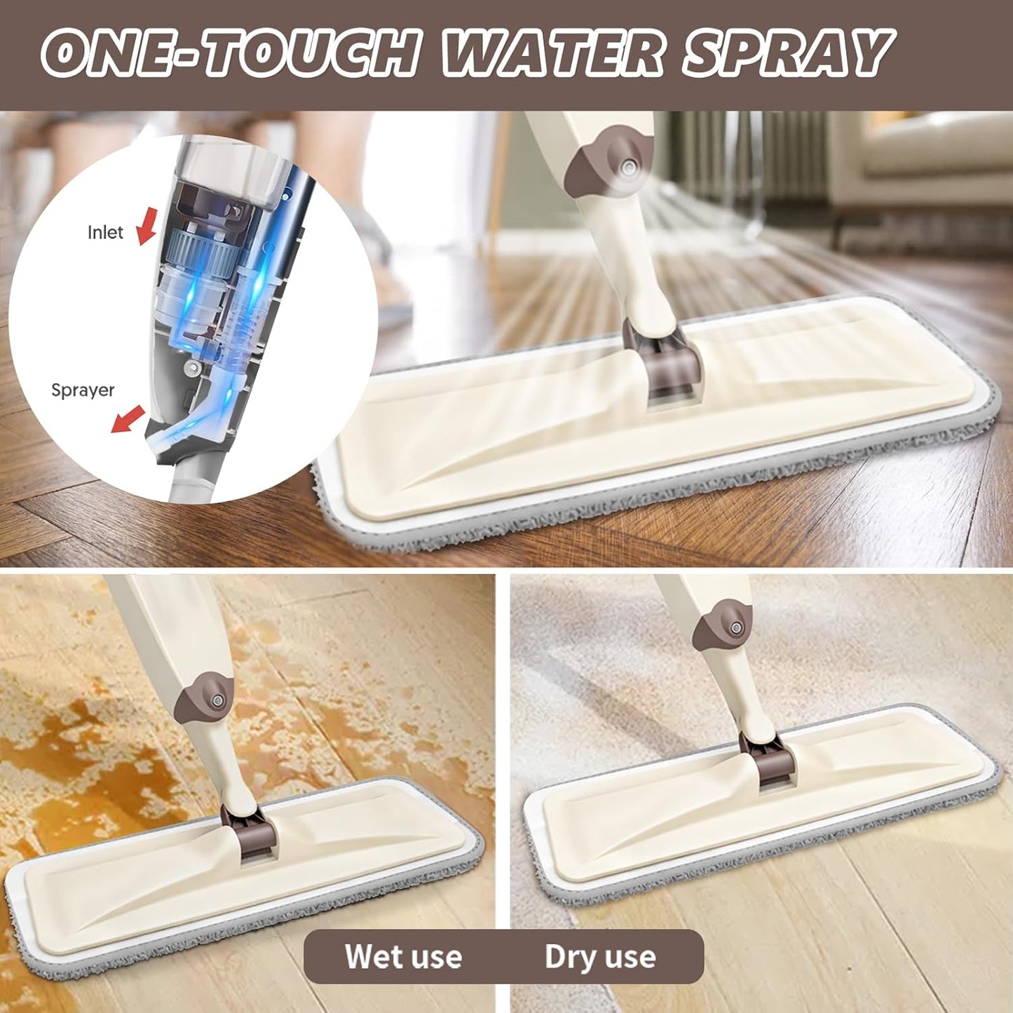 HOMTOYOU Spray Mops for Floor Cleaning: Wet Mop for Hardwood Tile Wood Laminate Vinyl - 3 Washable Microfiber Pads for Swiffer Powermop - Absorbs Pet Hair Dust