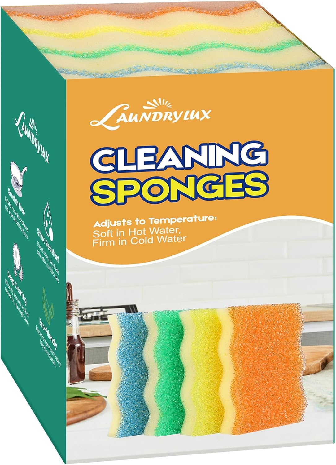 LAUNDRYLUX Scrub Sponge, Dual-Sided Temperature-Responsive Scrubber - Non-Scratch - Multipurpose Dish Sponges for Kitchens, Bathrooms, and Outdoor Use - 3 Pack