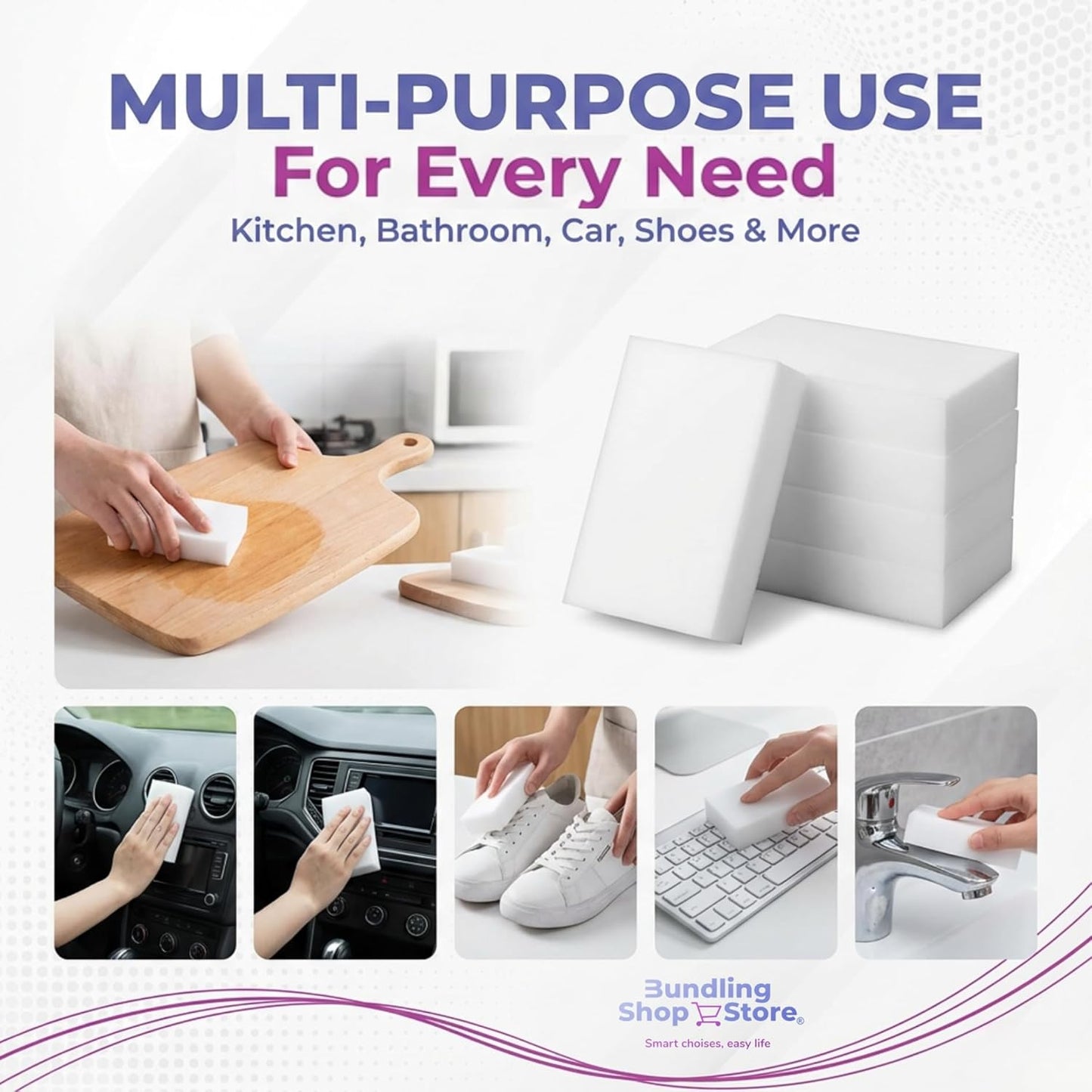 Melamine Sponge- Cleaning Pads 50 Count, High Density, Scratch Free Sponges (3.93in X 2.36in X 0.78in) for Kitchen, Bathroom, Tiles, Walls & Multi-Surface Cleaning