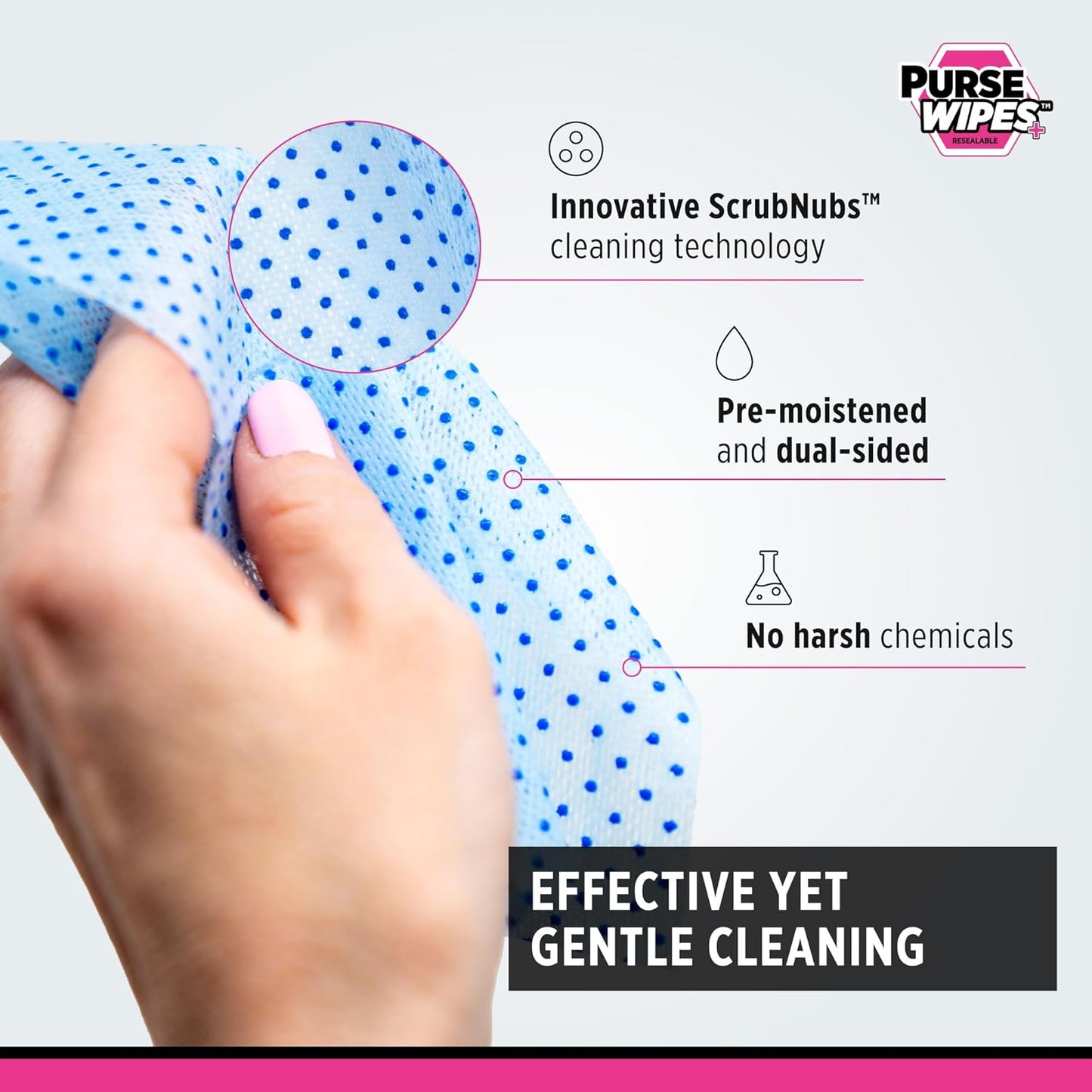 SneakERASERS: PurseWIPES Purse Cleaner Wipes - Portable Leather Wipes for Bags, Purses, and Backpacks, Dirt and Scuff Remover with Innovative ScrubNubs, Perfect for Quick Cleaning, (28 wipes)