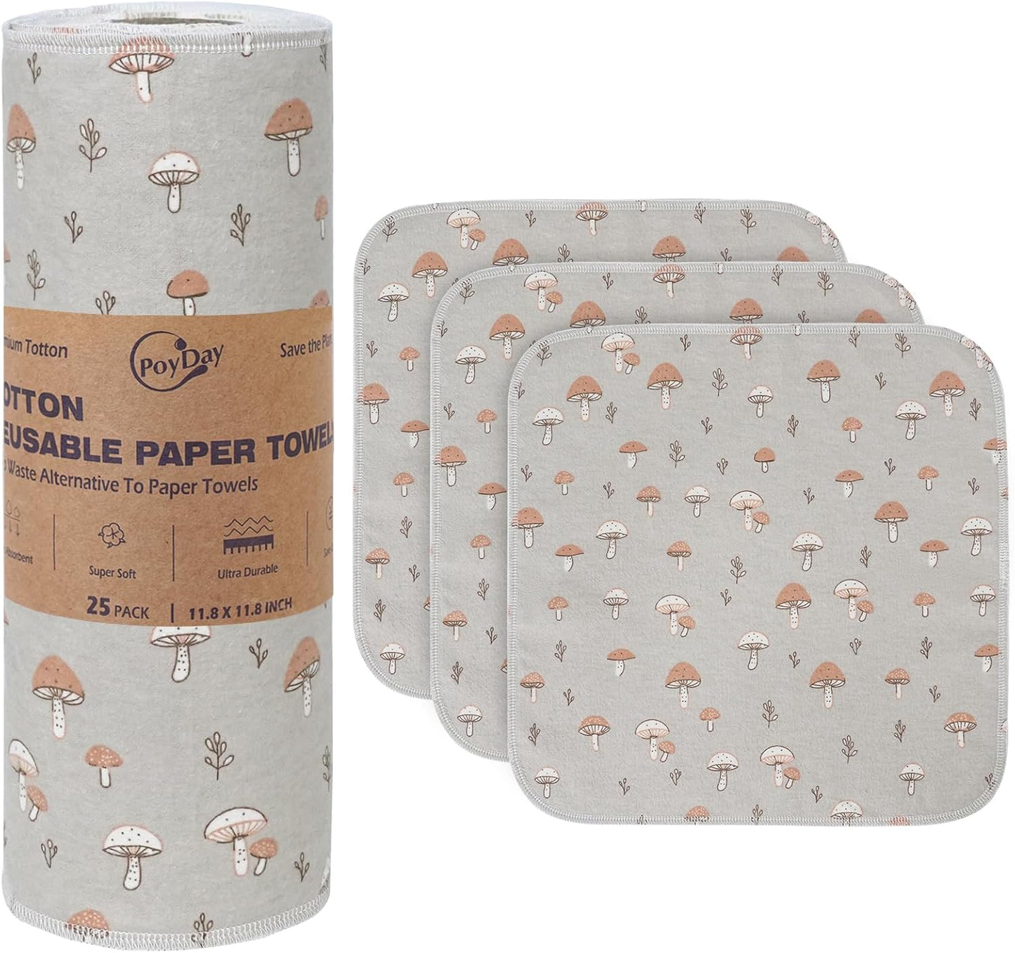 Paper Towels Washable Roll: 25Pack Cotton Cloth Paper Towels 11.8x11.8In Absorbent Soft Flannel Paperless Towels Alternative for Kitchen Reusable Napkins Zero Waste (Flower, Large)