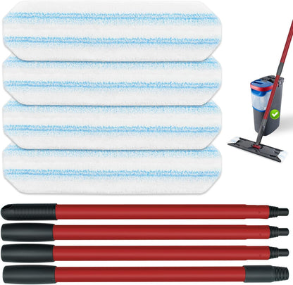 Mop Replacement Pads for O Cedar H2prO Flat Mop System, Mop Handle for O-Cedar H2pro Mop, Reusable Microfiber Mop Pads for Ocedar Flat Mop, Include 4 Mop Pad Refills and 4-Section Mop Handle