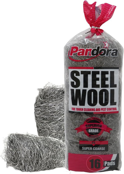 Pandora Steel Wool #2 – Coarse Grade, 16 Pads for Cleaning and Removing - Quality Metal Strands - Ideal to Remove Floor Scuff Marks and Old Wax