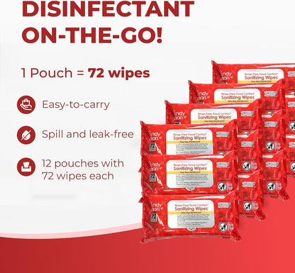 HandyClean Rinse-Free Food Contact Sanitizing Wipes Pouch, Multi Surface Cleaning Supplies for Kitchen and Professional Setting - 1 pack, 71 count