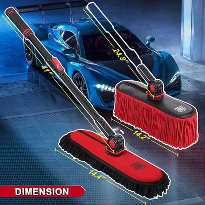 Car Duster Exterior with Extendable Handle, Scratch Free Auto Wash Brush Mop, Interior Detailing Kit for Truck RV Boat - Wax Cotton Duster & Interior Brush, Red