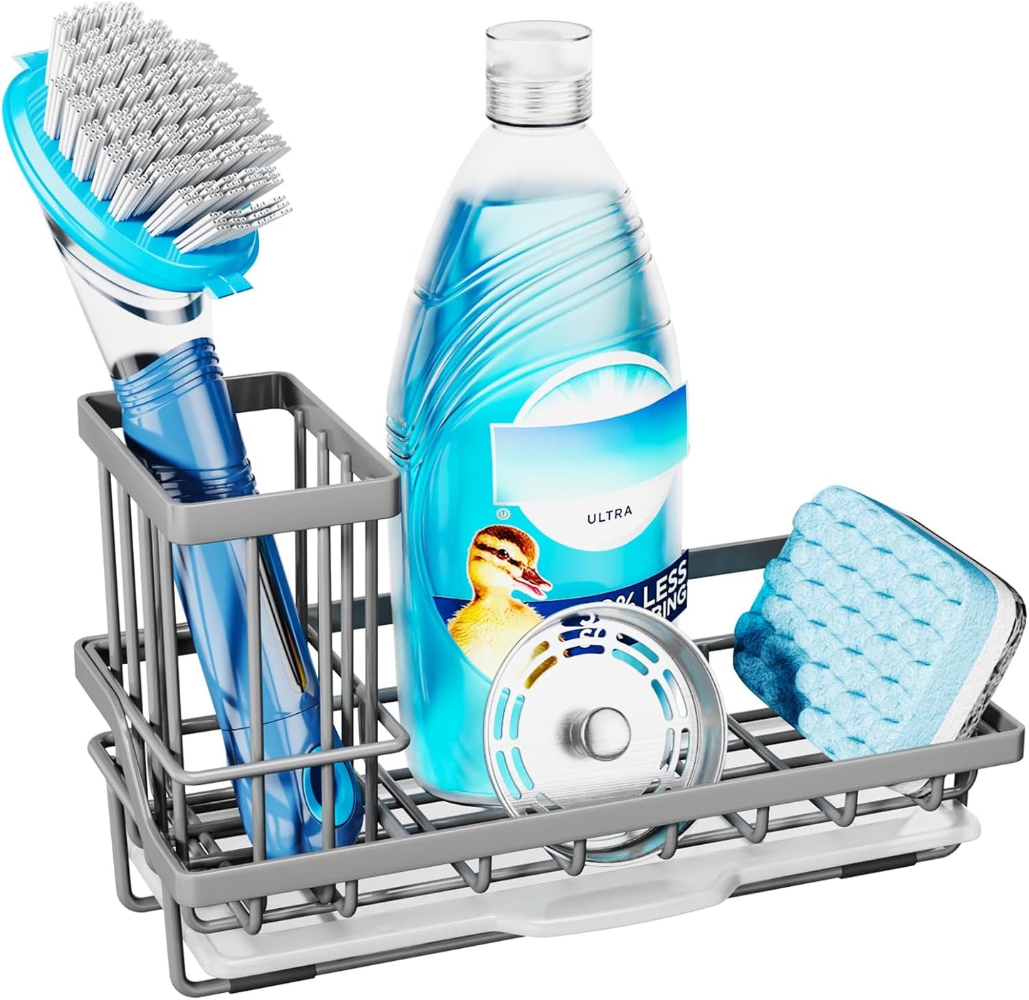 Consumest Sink Caddy, Kitchen Sponge Holder with Dish Brush Holder, Kitchen Organizer with Drip Tray for Countertop, Stainless Steel Rustproof - Silver