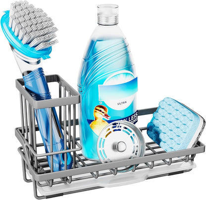 Consumest Sink Caddy, Kitchen Sponge Holder with Dish Brush Holder, Kitchen Organizer with Drip Tray for Countertop, Stainless Steel Rustproof - Silver