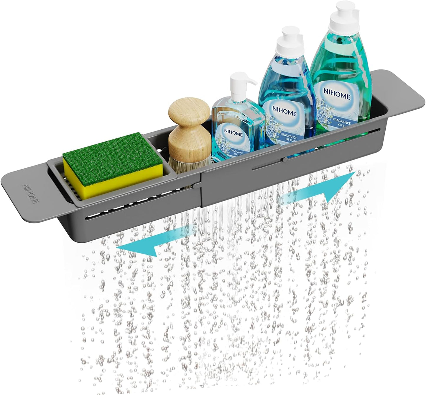 NiHome Extendable Over Sink Kitchen Organizer, Small Telescopic Brush Storage Rack for Sponge, Non-Slip Pads Expandable Sink Caddy, Adjustable Sponge/Brush Rack with Drainage Durable ABS (Black)