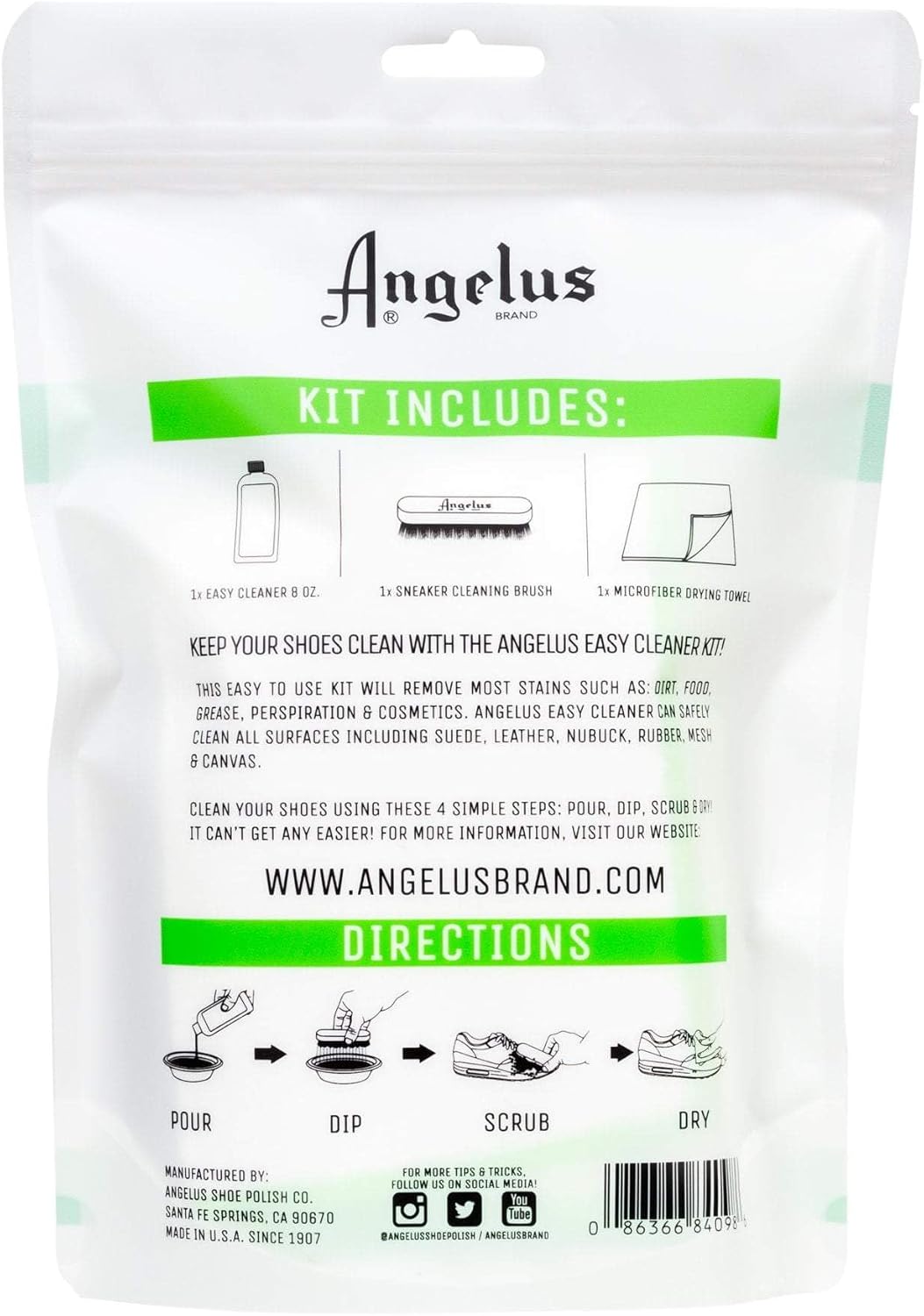 Angelus Shoe Cleaner Kit, 8.6 Oz, Brush, Towel - Professional Sneakers, Leather, Nubuck, Suede Shoe Cleaner Kit - Safe on All Fabrics, Gentle Yet Powerful Сleaning Formula - Made in USA