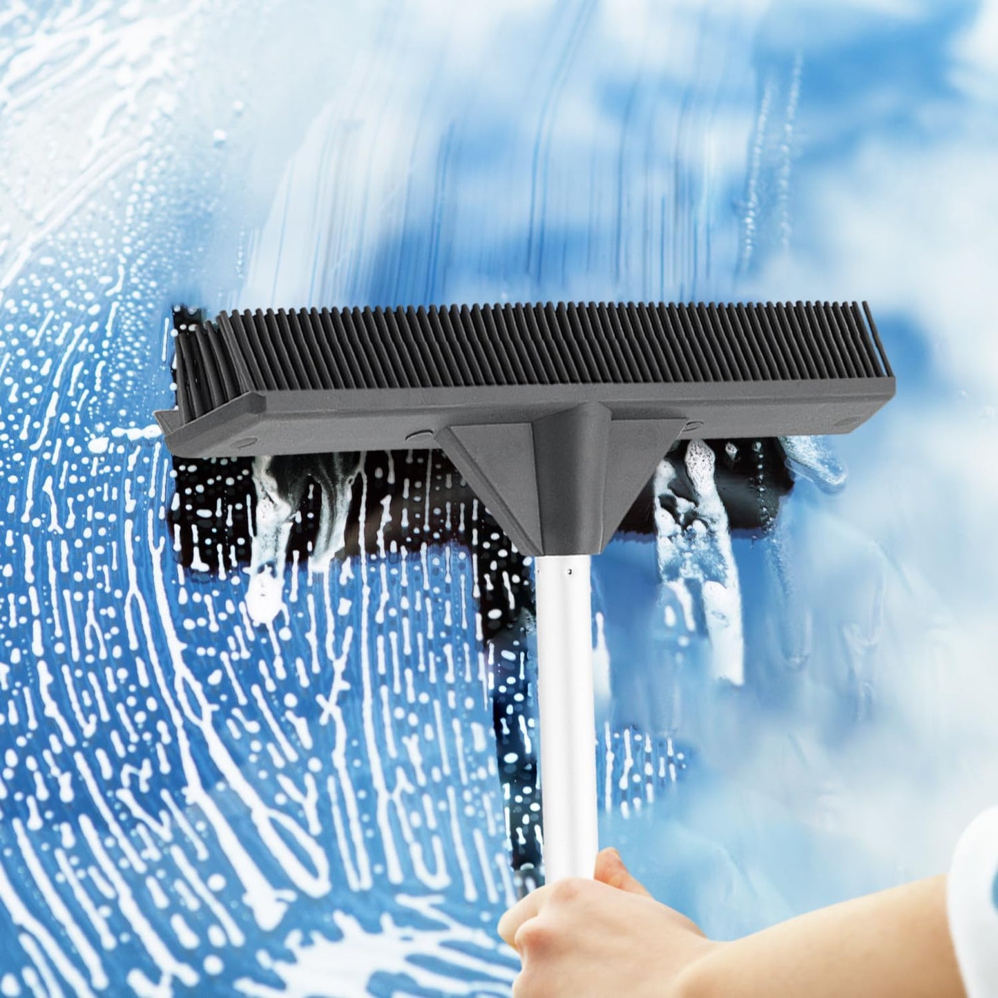 Silicone Pet Hair Broom, Carpet Cleaner, Salon Broom, with Built-in Window Washer Squeegee and 55" Metal Handle