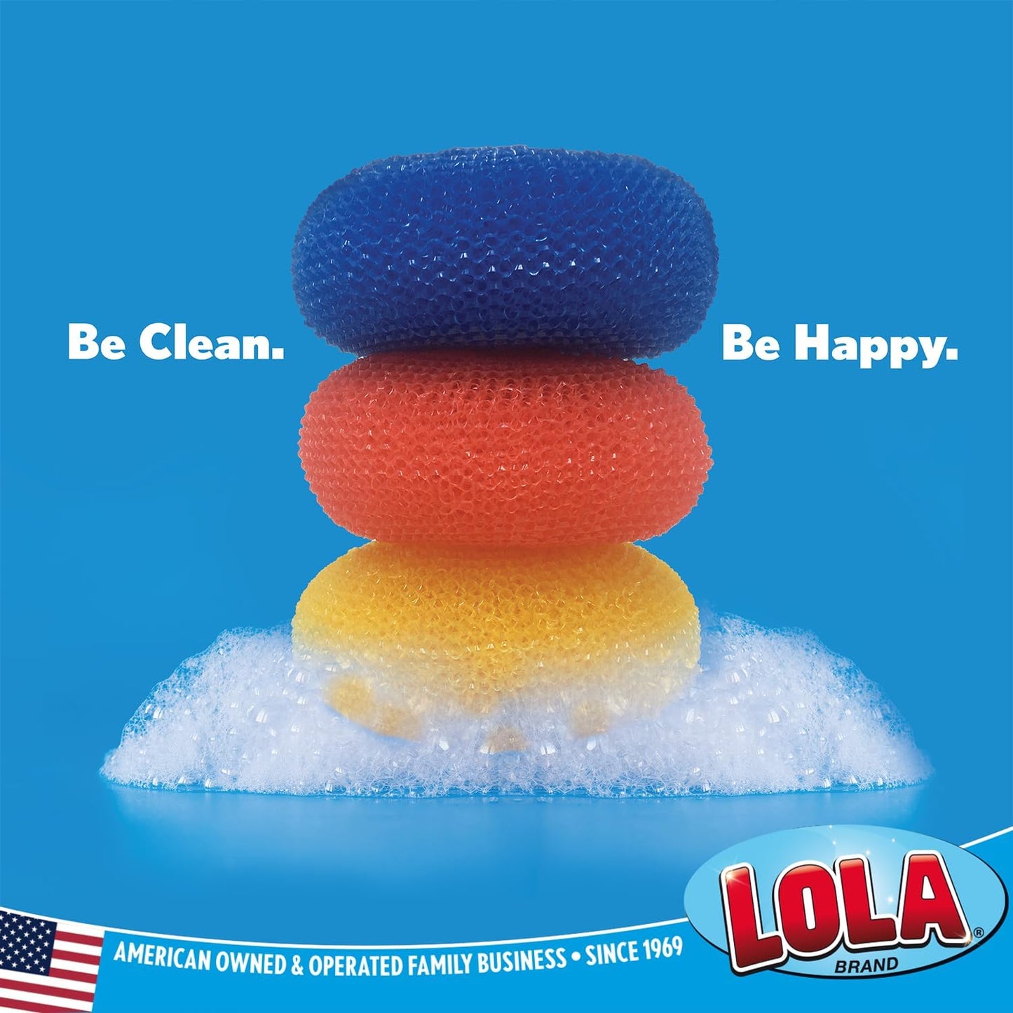 LOLA Plastic Mesh Scouring Pads - 3 Pack, 3.375" x 1.25", Non-Scratch Dish Scrubbers to Clean Dishes, Assorted Colors - Red, Blue & Yellow