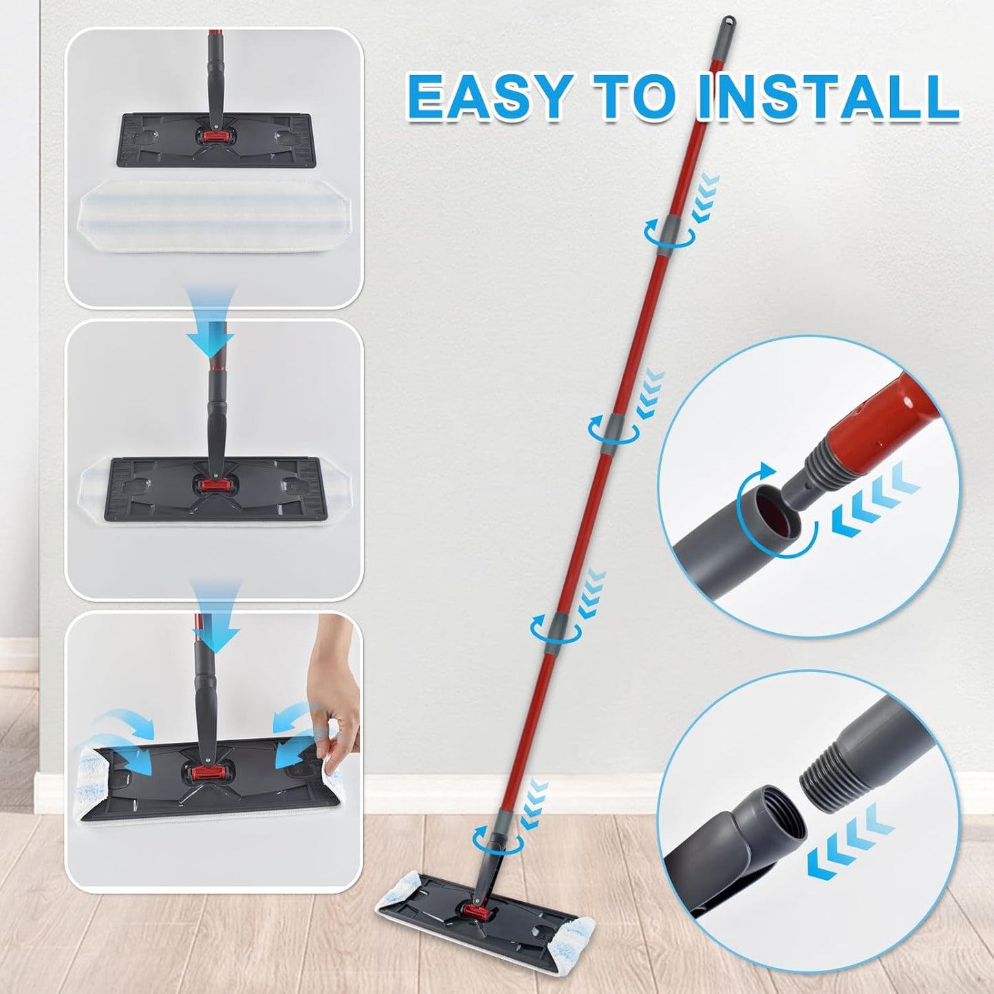 Mop Replacement Pads for Ocedar H2prO Flat Mop System, Mop Handle Mop Refills for O-Cedar H2pro Flat Mop System, Include 4 Pack Mop Pads and 4-Section Mop Handle for Ocedar H2 Pro Mop