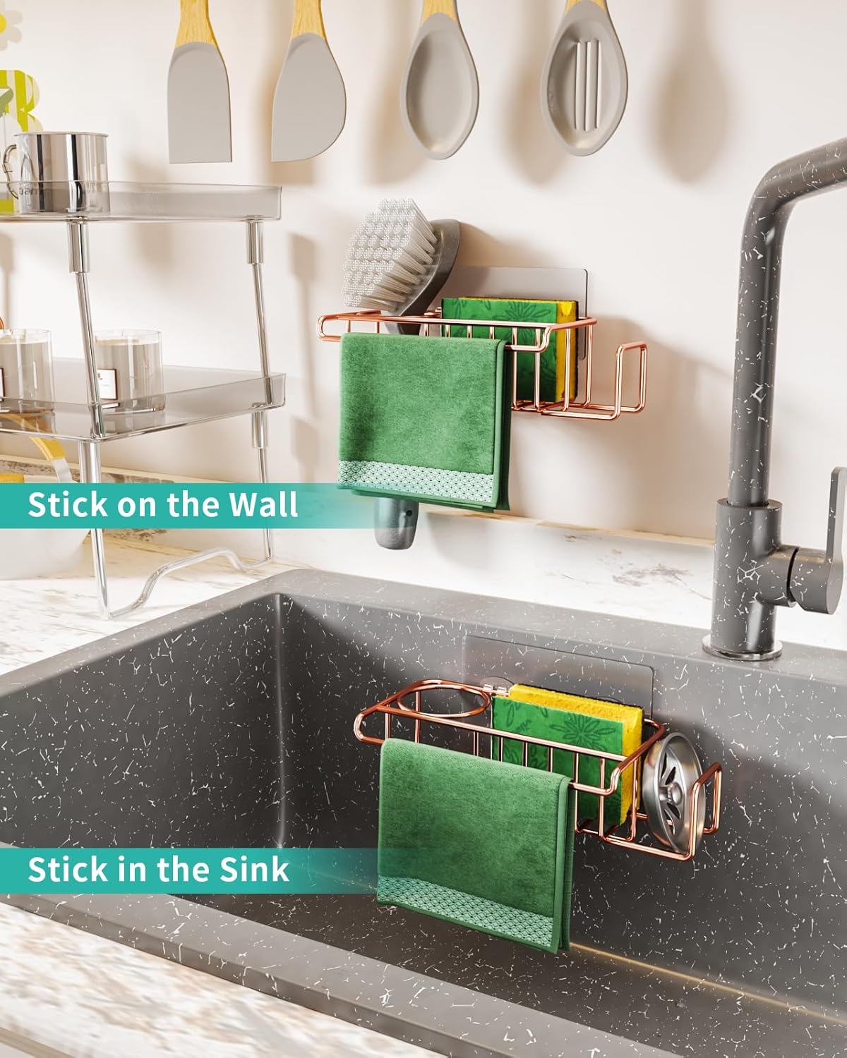 HapiRm 4 in 1 Kitchen Organizers and Storage, SUS304 Stainless Steel Brush Holder + Dish Cloth Hanger + Soap Rack + Sink Stopper Rack, No Drill Kitchen Essentials - Black