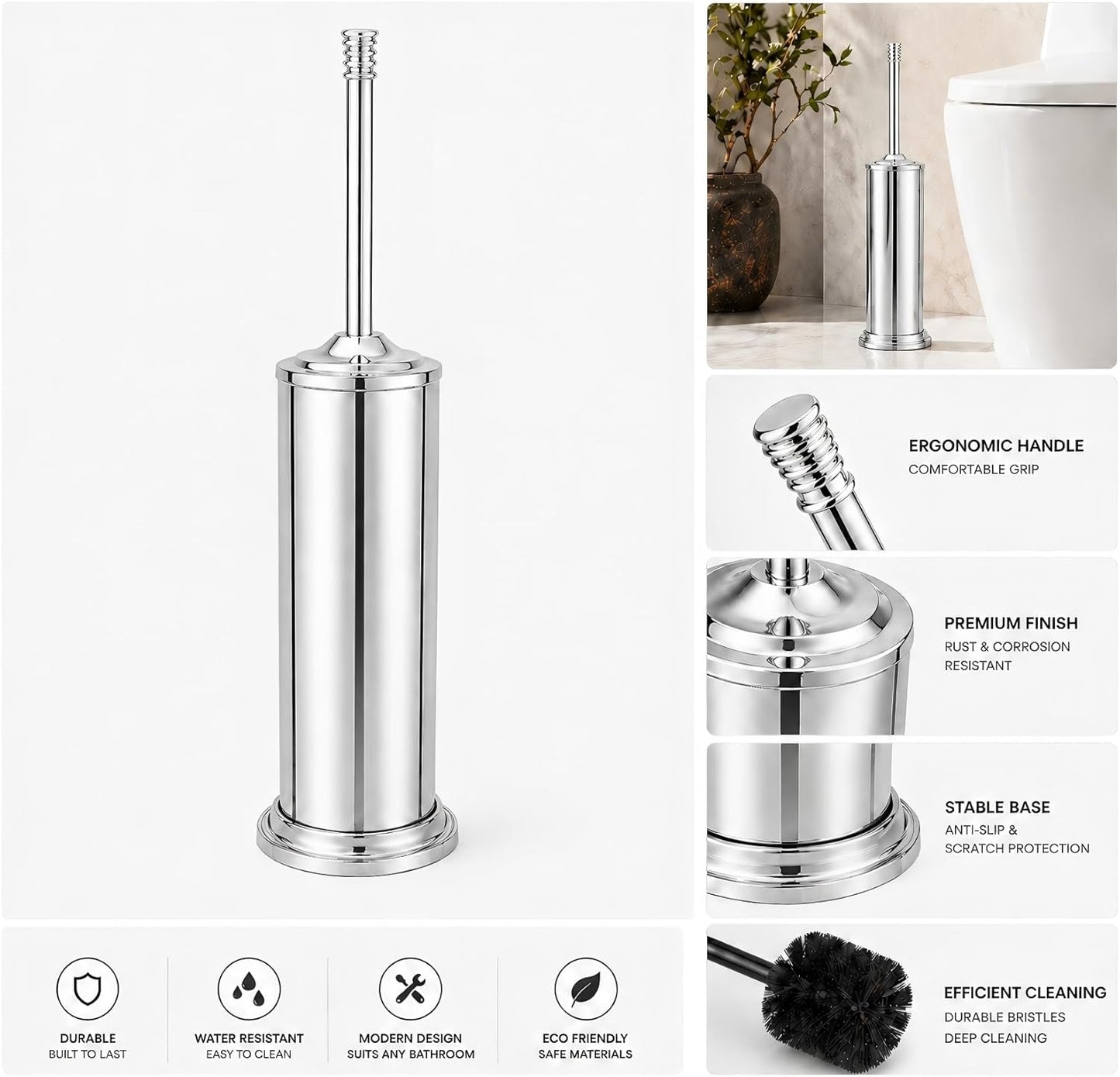 Black Toilet Brush and Holder Set，Extra Long Handled Toilet Bowl Brush and Holder，Stainless Steel Heavy Duty Toilet Brush for Bathroom,Deep Cleaning Modern Toilet Cleaner Slip Base