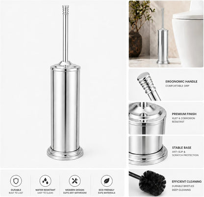 Black Toilet Brush and Holder Set，Extra Long Handled Toilet Bowl Brush and Holder，Stainless Steel Heavy Duty Toilet Brush for Bathroom,Deep Cleaning Modern Toilet Cleaner Slip Base