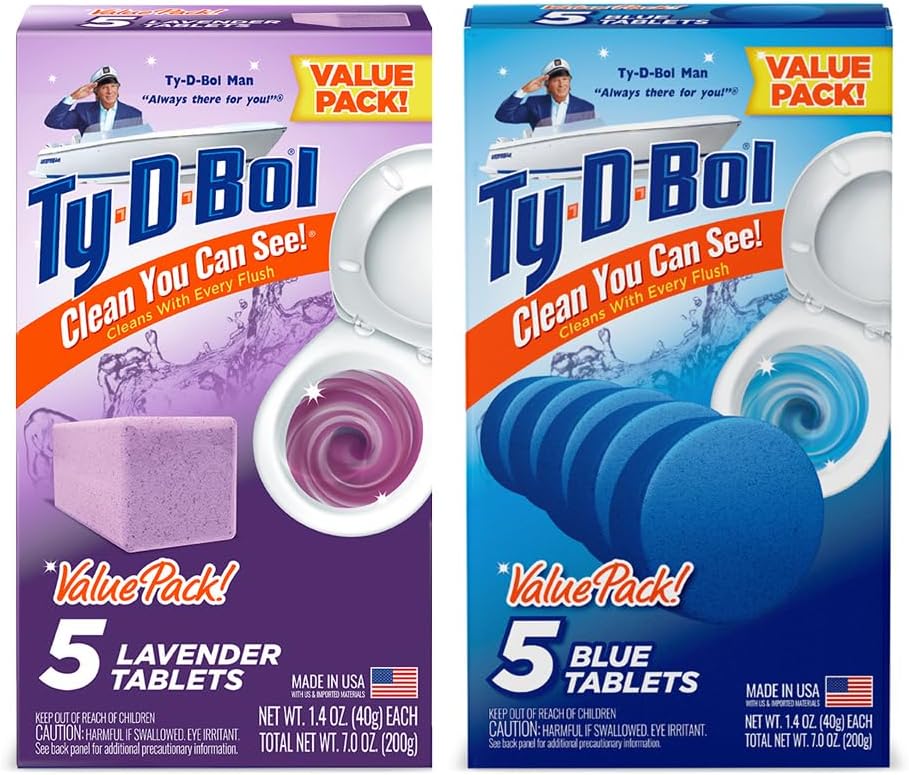 Ty-D-Bol Bleach-Free Toilet Bowl Cleaner Tablets Variety Pack - (10 Pack) 1.4 oz - 5 Lavender and 5 Blue Tablets - Fights Hard Water Stains, Mineral Buildup & Limescale - Bathroom Cleaning Supplies