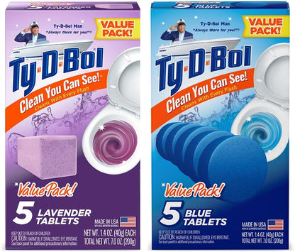 Ty-D-Bol Bleach-Free Toilet Bowl Cleaner Tablets Variety Pack - (10 Pack) 1.4 oz - 5 Lavender and 5 Blue Tablets - Fights Hard Water Stains, Mineral Buildup & Limescale - Bathroom Cleaning Supplies