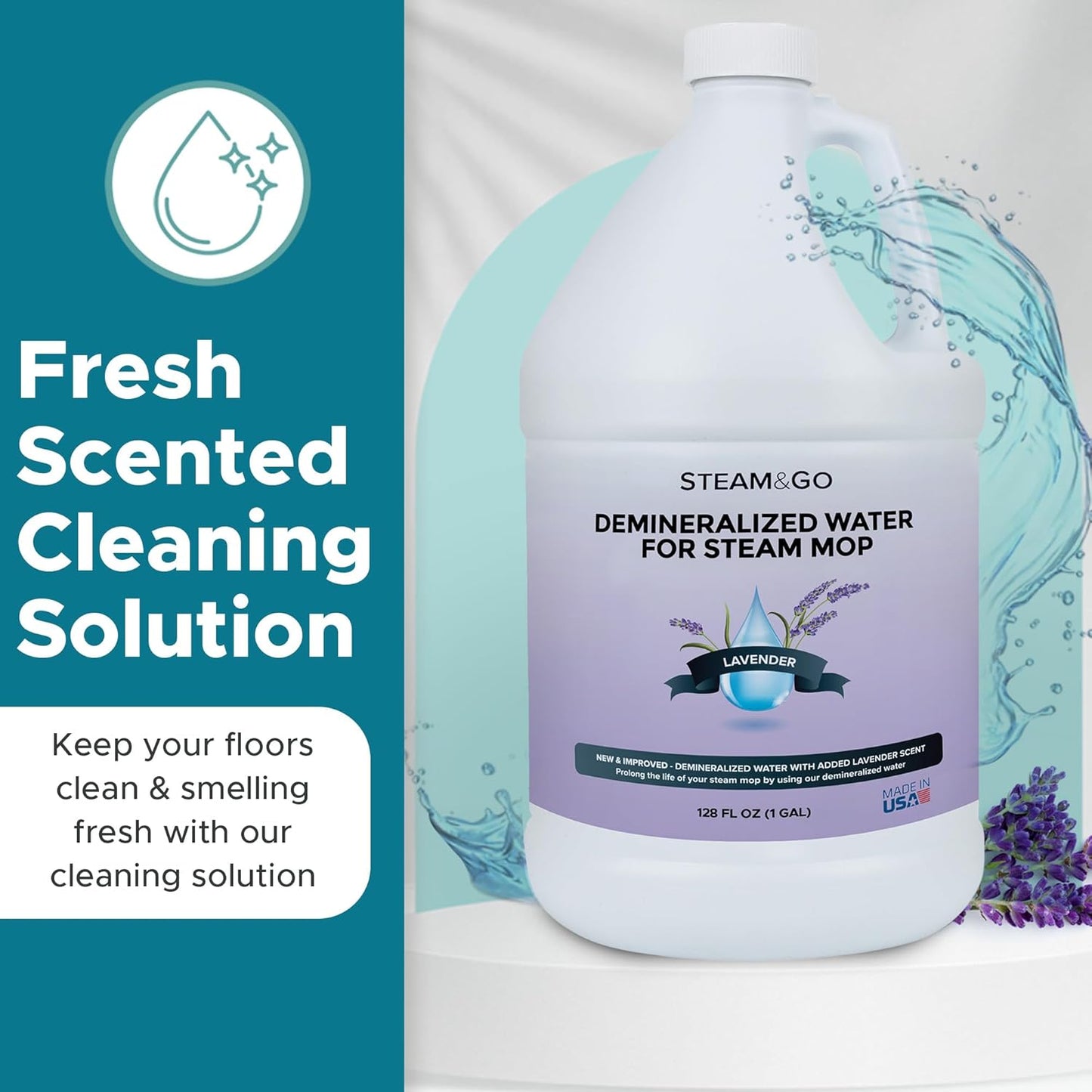 Steam & Go Demineralized Water for Steam Cleaner - PVC-Free Floor Cleaning Solution Compatible for All Steam Mops - Multi-Surface Cleaner for Home Surfaces - Lavender Scent, 32 oz