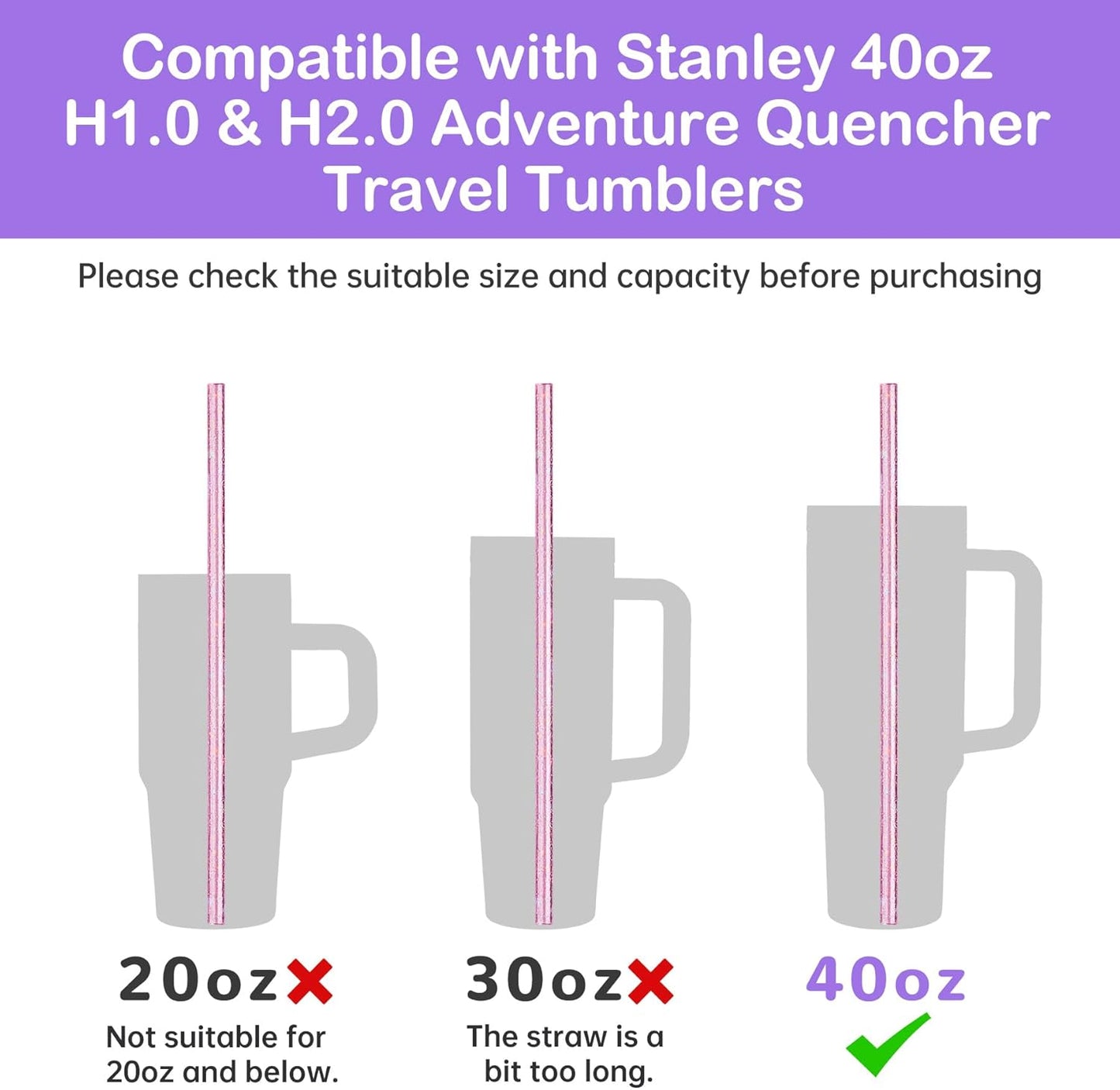 NiHome 12-Pack Glitter Replacement Straws for Stanley Tumbler 40OZ & 2 Cleaning Brushes Set, 12" Length BPA-Free Durable PETG Material for Various Beverages & Cups, Adds Sparkle to Your Drinks (Clear)