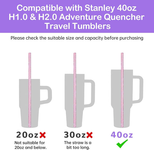 NiHome 12-Pack Glitter Replacement Straws for Stanley Tumbler 40OZ & 2 Cleaning Brushes Set, 12" Length BPA-Free Durable PETG Material for Various Beverages & Cups, Adds Sparkle to Your Drinks (Clear)
