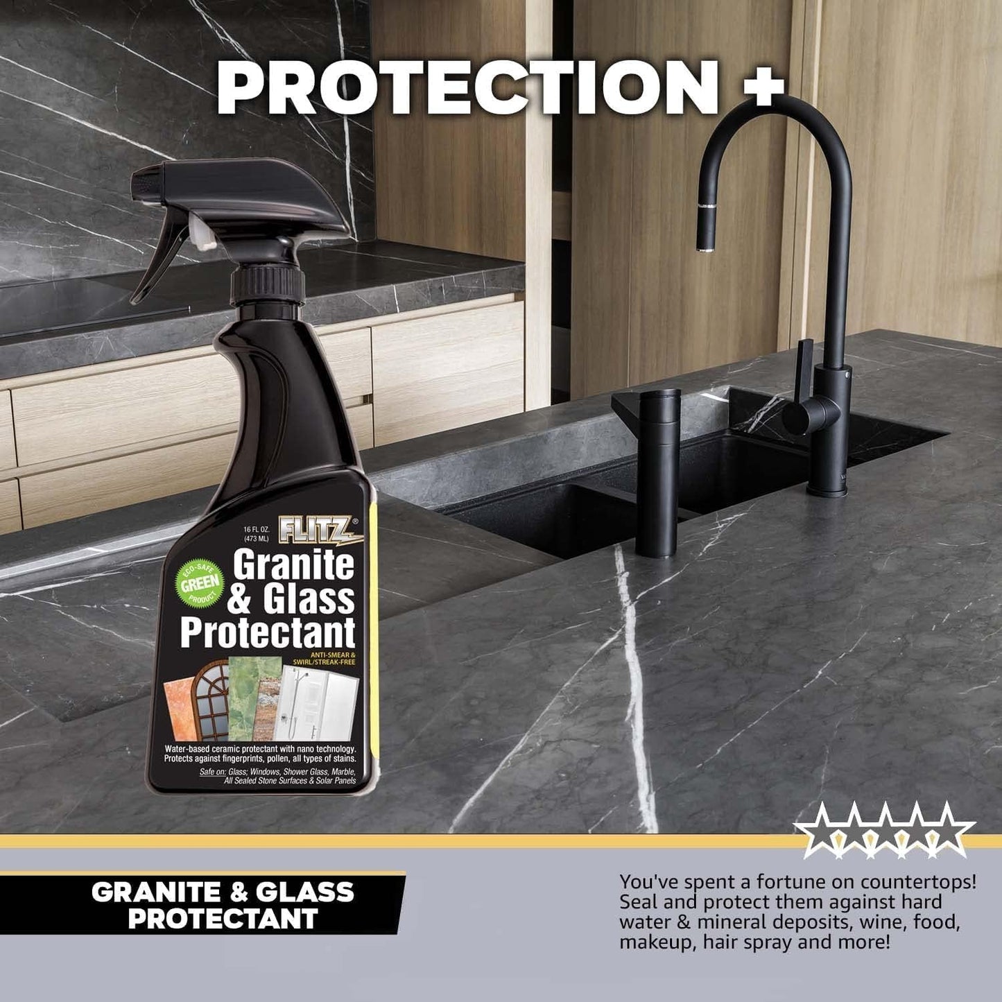 Flitz Granite & Glass Protectant - 16oz Bottle of USA-Made Granite Sealer and Glass Countertop Protector - Cleans & Prevents Liquid, Stains, & Others - Also Works on Marble & All Metals (1 Pack)