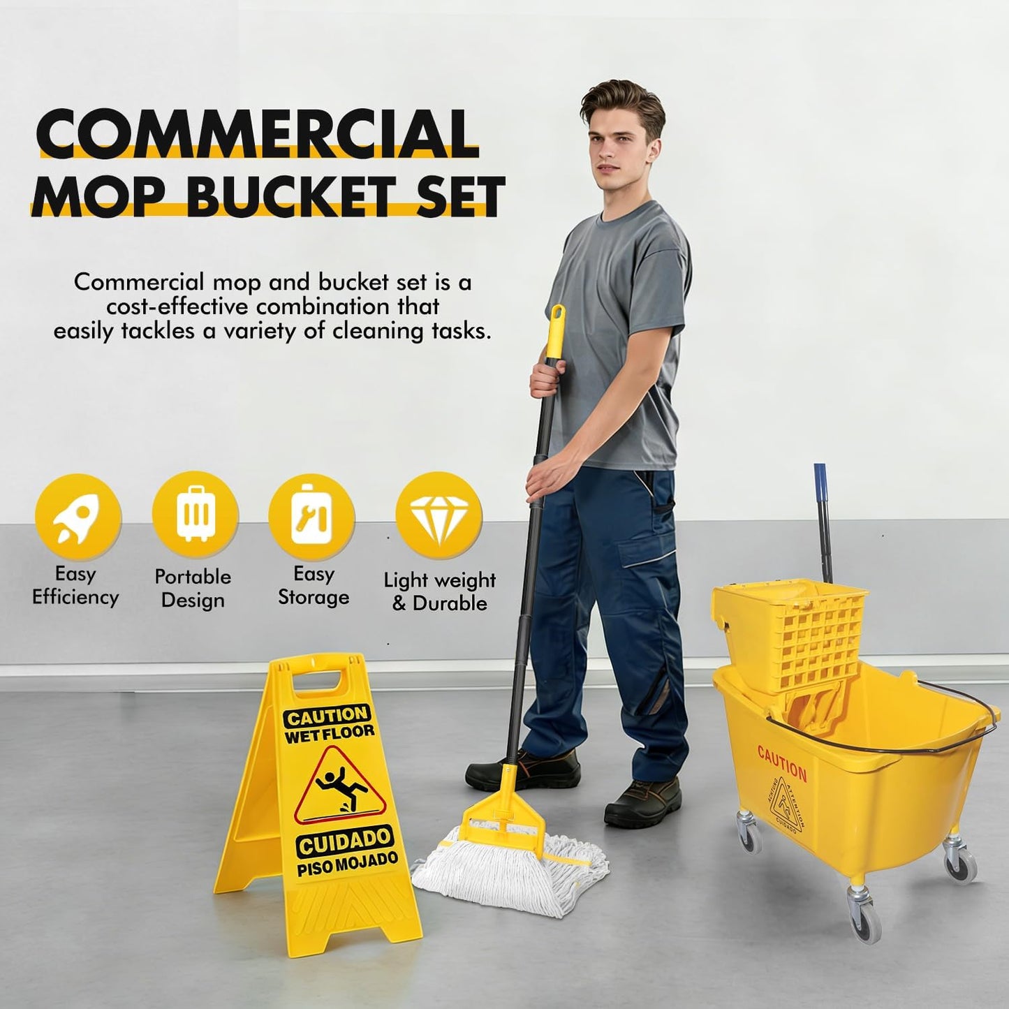 KULED Commercial Mop Bucket with Side Press Wringer, Including Wet Floor Caution Sign and One Industrial Mop with 2 Mop Heads, for Floor Cleaning and Mopping, 38 Quart, Yellow