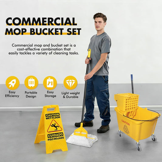 KULED Commercial Mop Bucket with Side Press Wringer, Including Wet Floor Caution Sign and One Industrial Mop with 2 Mop Heads, for Floor Cleaning and Mopping, 38 Quart, Yellow