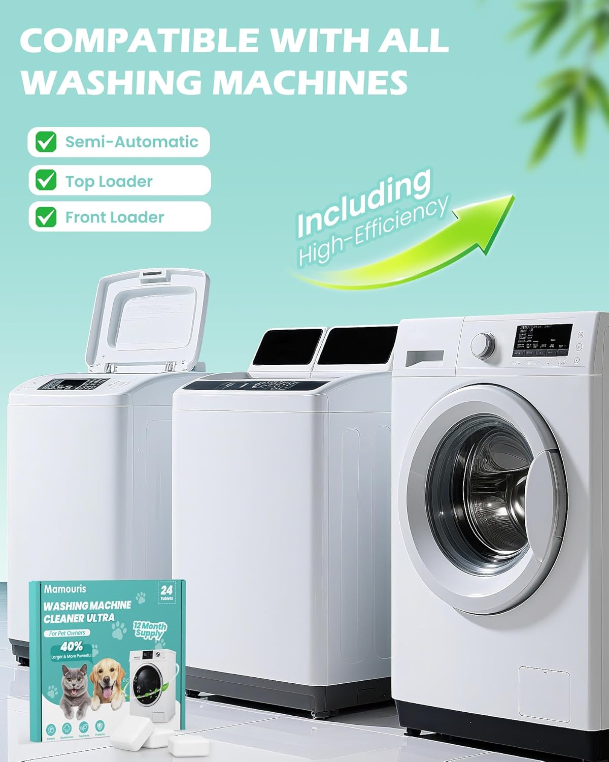 Washing Machine Cleaner Tablets: 24 Pack Deep Cleaning For HE, Front Loader & Top Load Washer, Removes Pet Hair, Odors, Formulated for Pet Owners, Septic Safe, 12 Month Supply, 11G