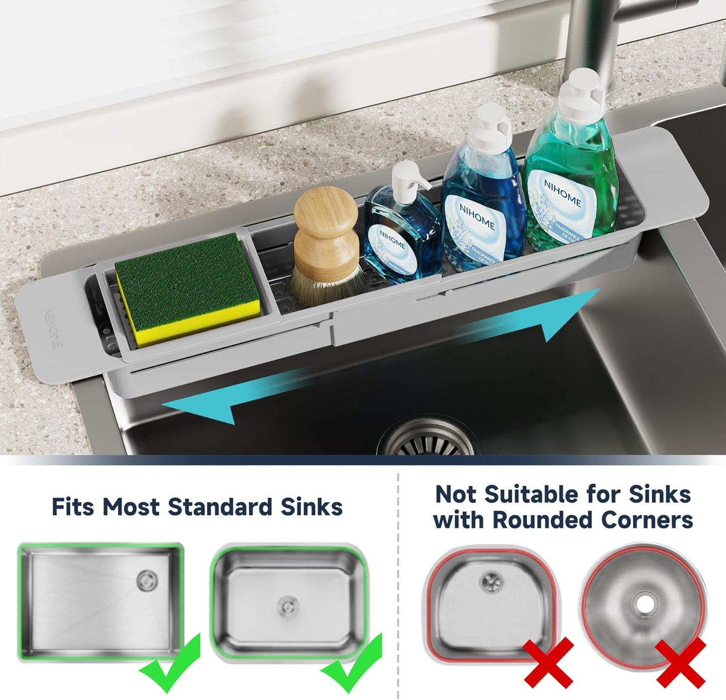 NiHome Extendable Over Sink Kitchen Organizer, Small Telescopic Brush Storage Rack for Sponge, Non-Slip Pads Expandable Sink Caddy, Adjustable Sponge/Brush Rack with Drainage Durable ABS (Black)